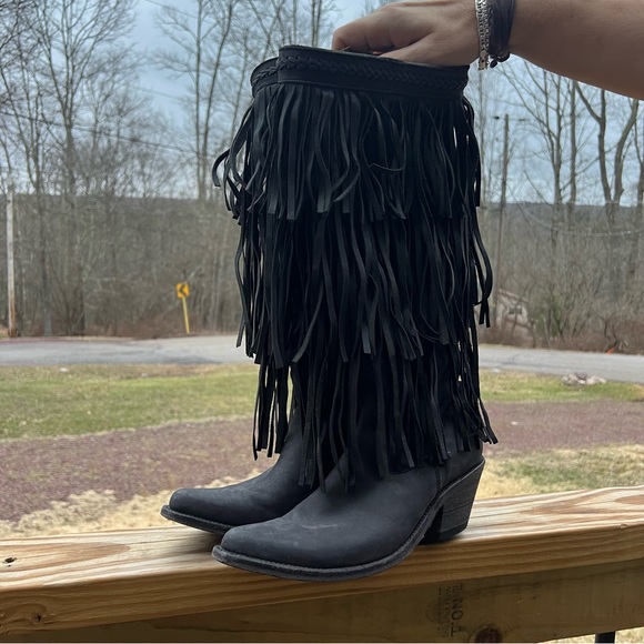 LIBERTY Black Shoes - Liberty Black Fringed Black Western Knee-High Cowboy Boots - Women